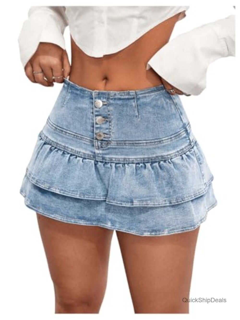 Y2K Denim Skorts with Ruffle Hem and Button Front